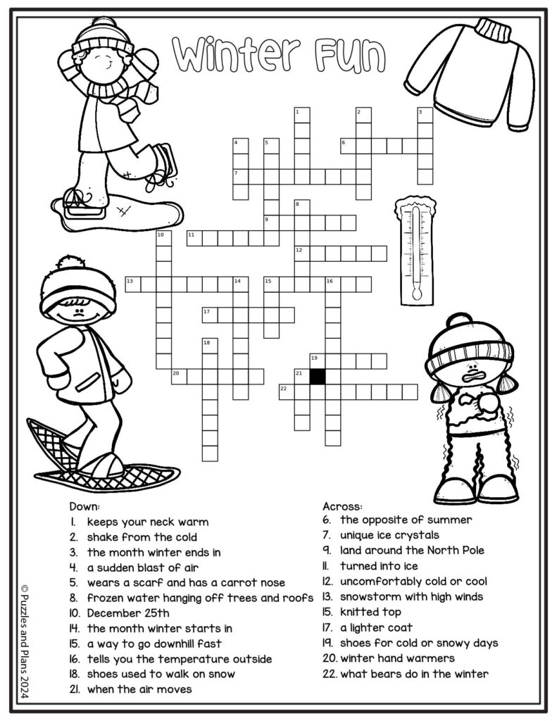 Winter Fun Crossword Puzzle Printable Puzzlesandplans Winter Fun Crossword Puzzle Printable Puzzlesandplans