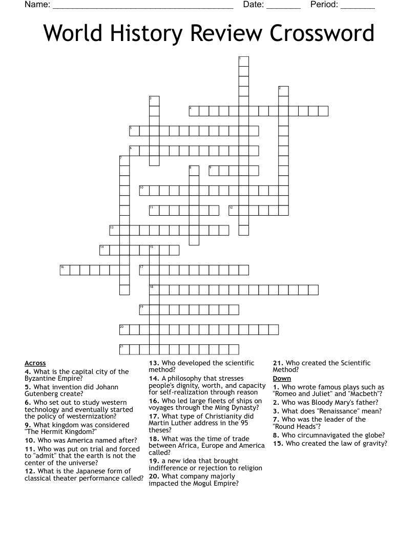 World History Review Crossword WordMint